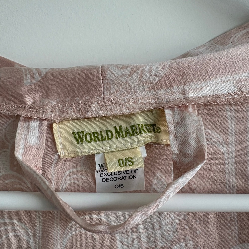World Market Pink Kimono Robe Lace Trim Art Deco Palm Print 0/S NO BELT - Picture 3 of 5